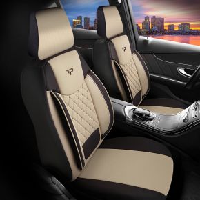 Set de huse auto din material textil Brusel de culoare bej-negru cu cusături în romb, compatibile cu LADA NIVA
