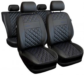 Set de huse auto universale Perfect Line negre din piele ecologică cu cusături albastre – compatibile cu CITROEN C-ELYSEE
