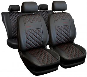 Set de huse auto universale Perfect Line negre din piele ecologică cu cusături roșii – compatibile cu PEUGEOT 208