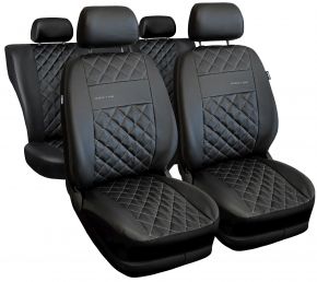 Set de huse auto universale Perfect Line negre din piele ecologică cu cusături argintii – compatibile cu MITSUBISHI OUTLANDER
