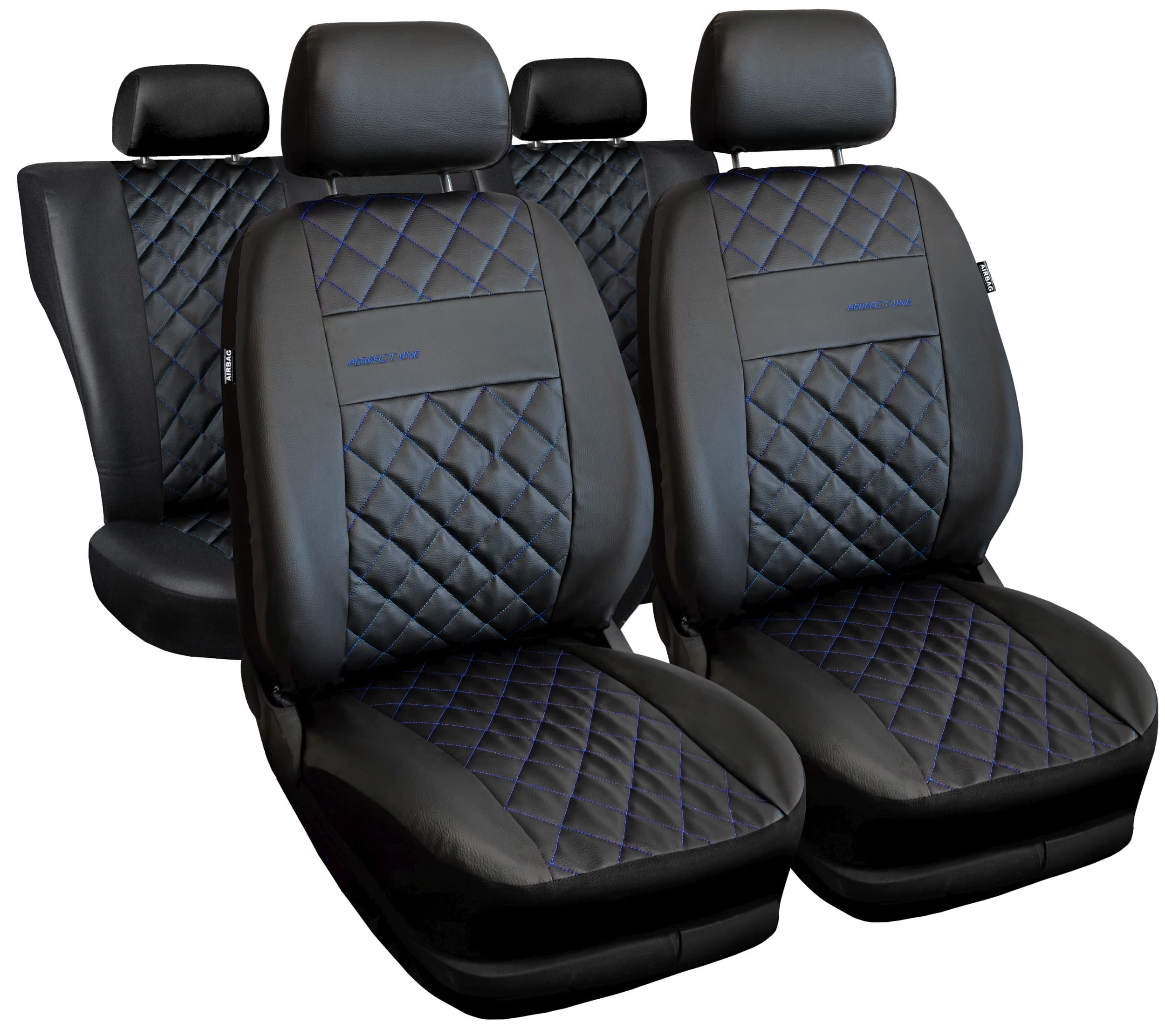 Set huse auto universale Perfect Line negre cu cusături albastre
