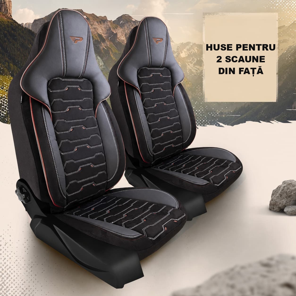 Huse scaune auto Beirut pentru 2 scaune față în variantă neagră cu margine maro