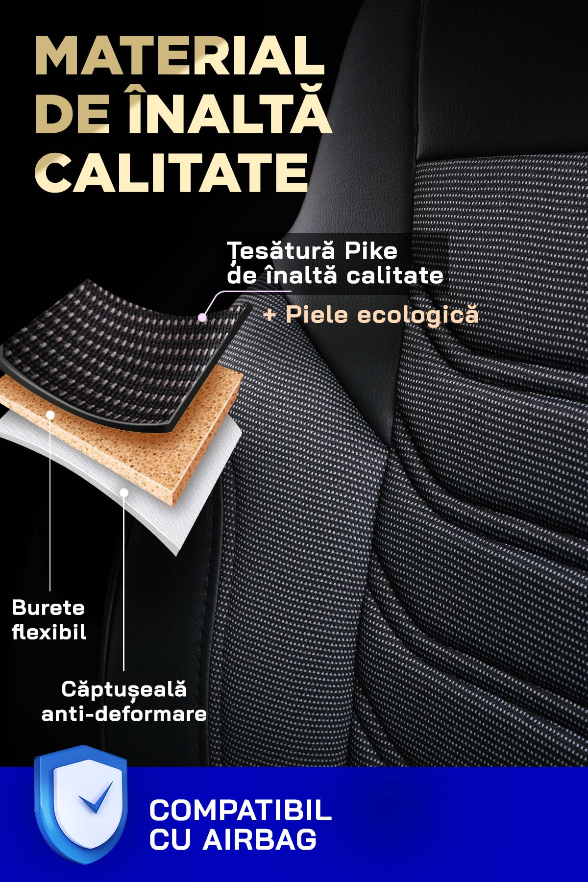 Detaliu material huse FLORIDA VAN – material piqué și piele ecologică